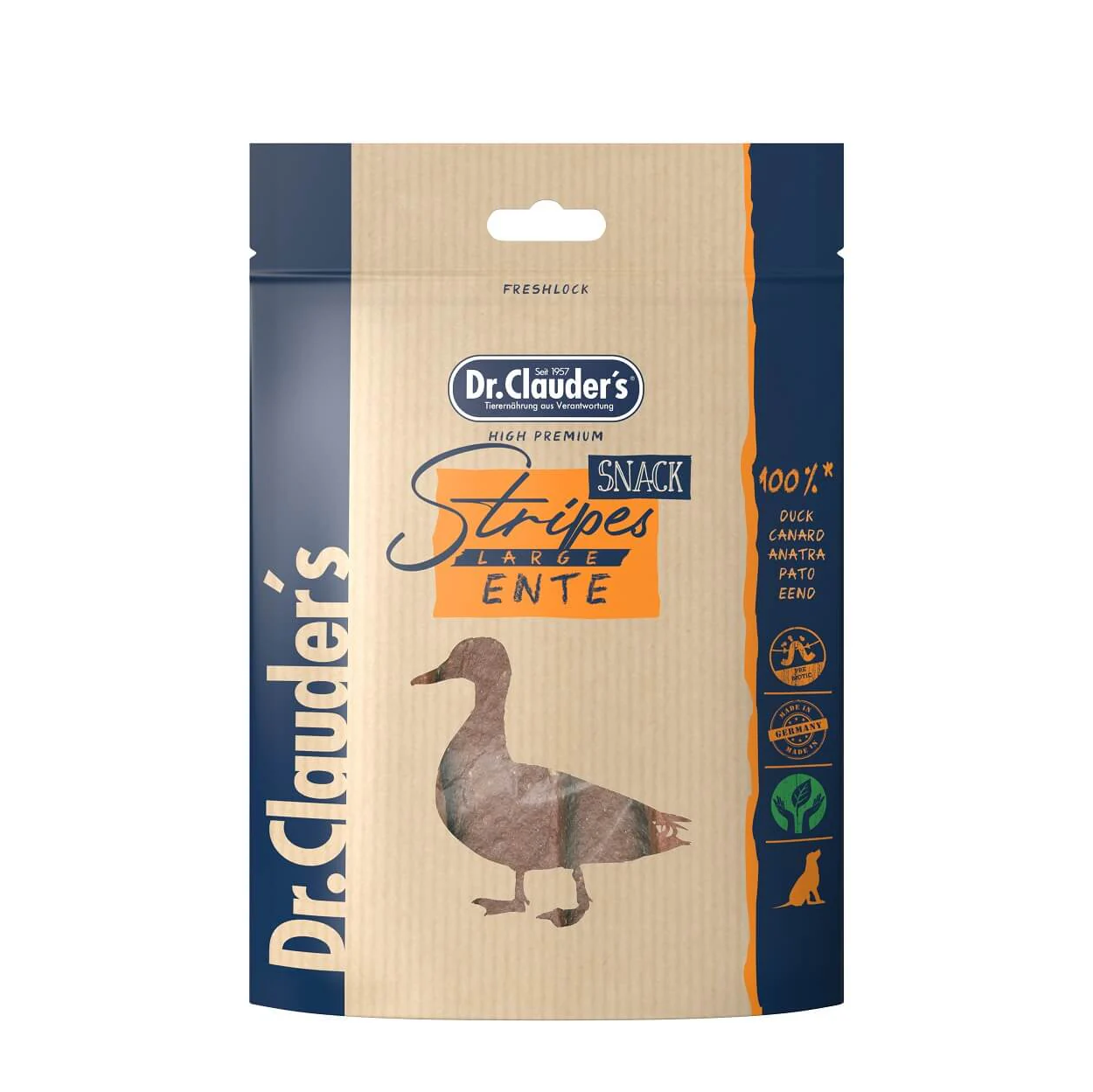 A package of Dr. Clauder's grain-free duck stripe treats, made in Germany for dogs and cats.