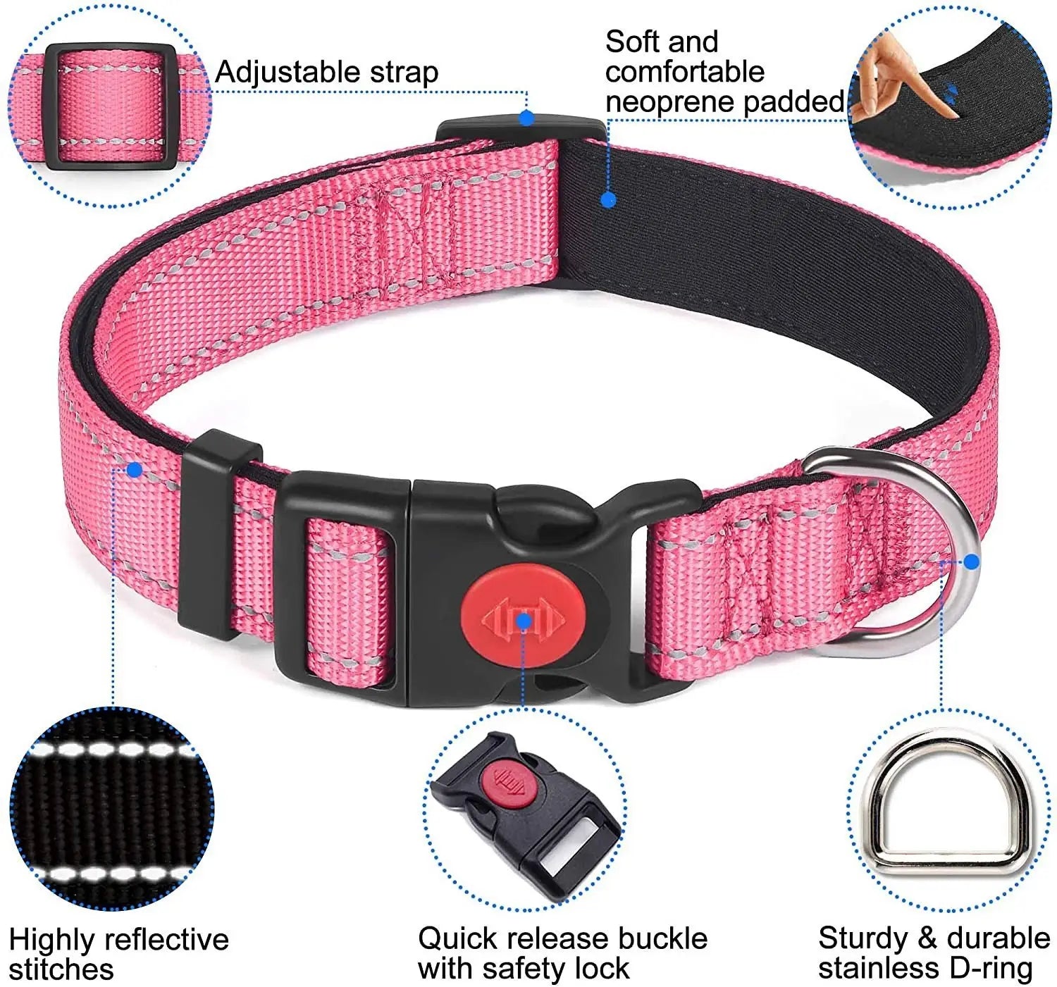 Adjustable Reflective Webbing Collar With Leash For Dogs And Cats - Shaking Tails