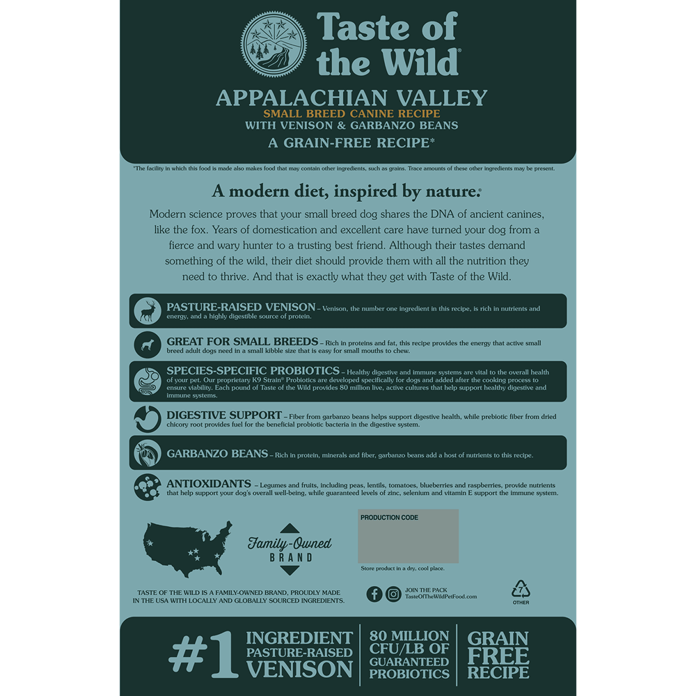 Taste Of The Wild - Appalachian Valley Small Breed Canine Recipe with Venison & Garbanzo Beans