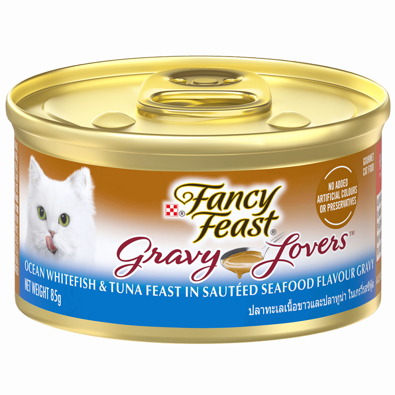 Purina FANCY FEAST Ocean Whitefish & Tuna Feast in Sauteed Seafood Flavour Gravy Gourmet Cat Food - Shaking Tails